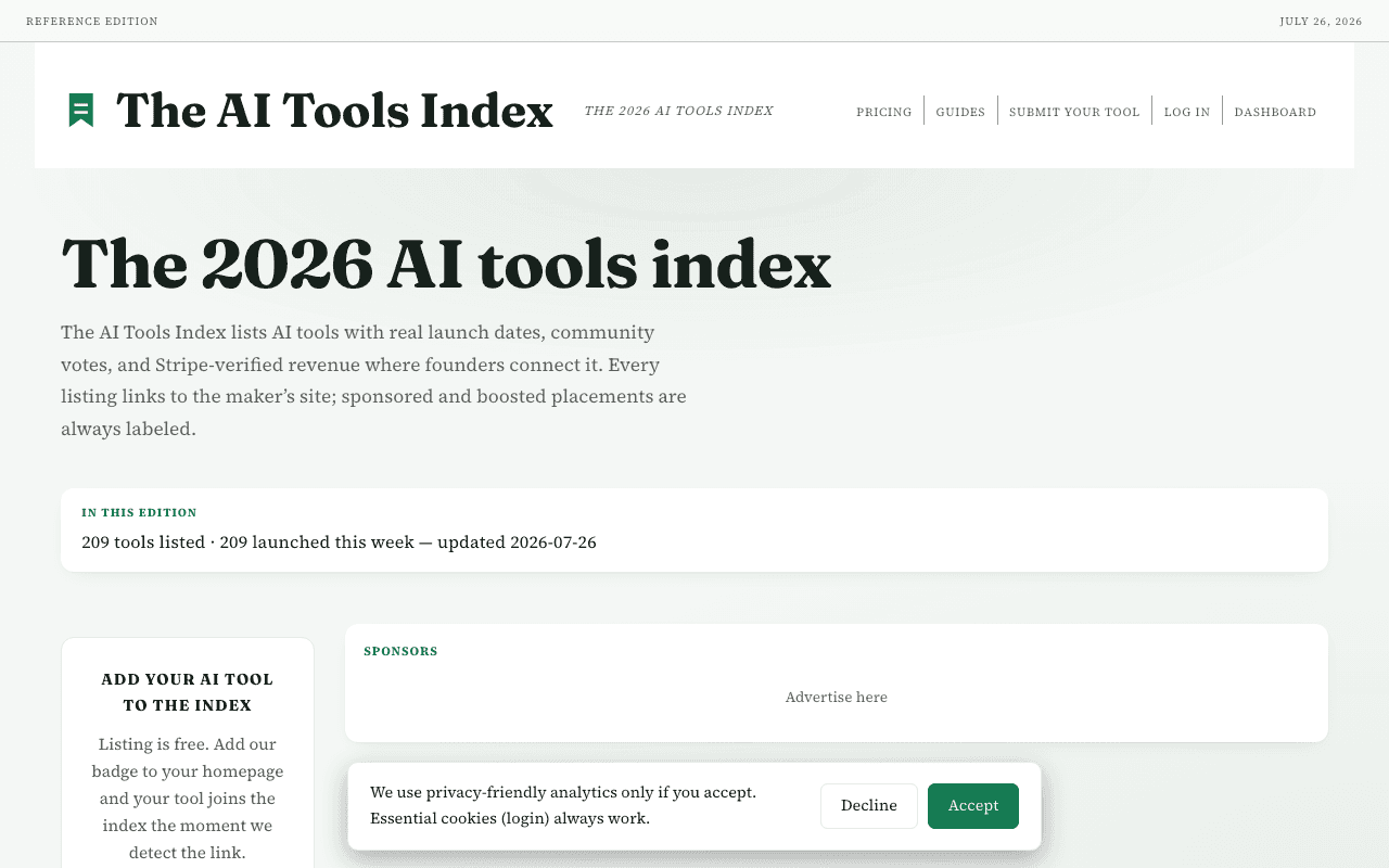 The AI Tools Index homepage