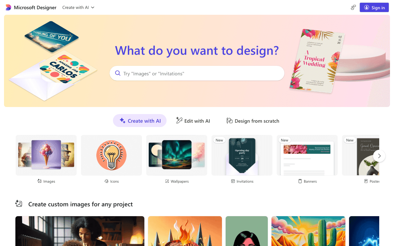 Microsoft Designer homepage