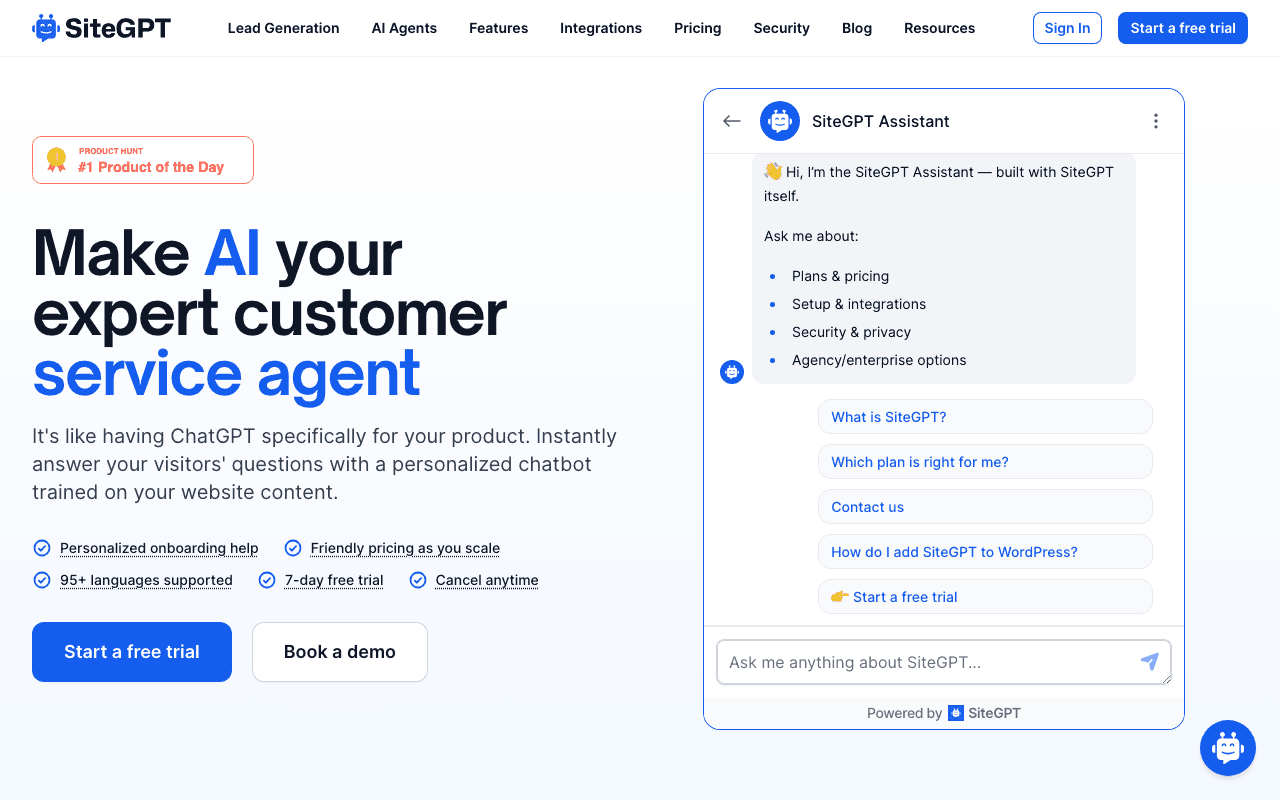 SiteGPT homepage