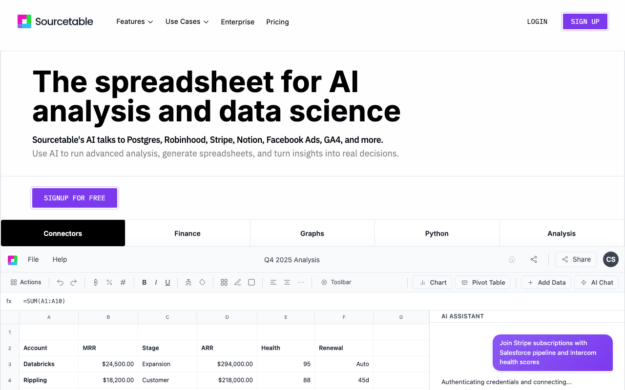Sourcetable homepage