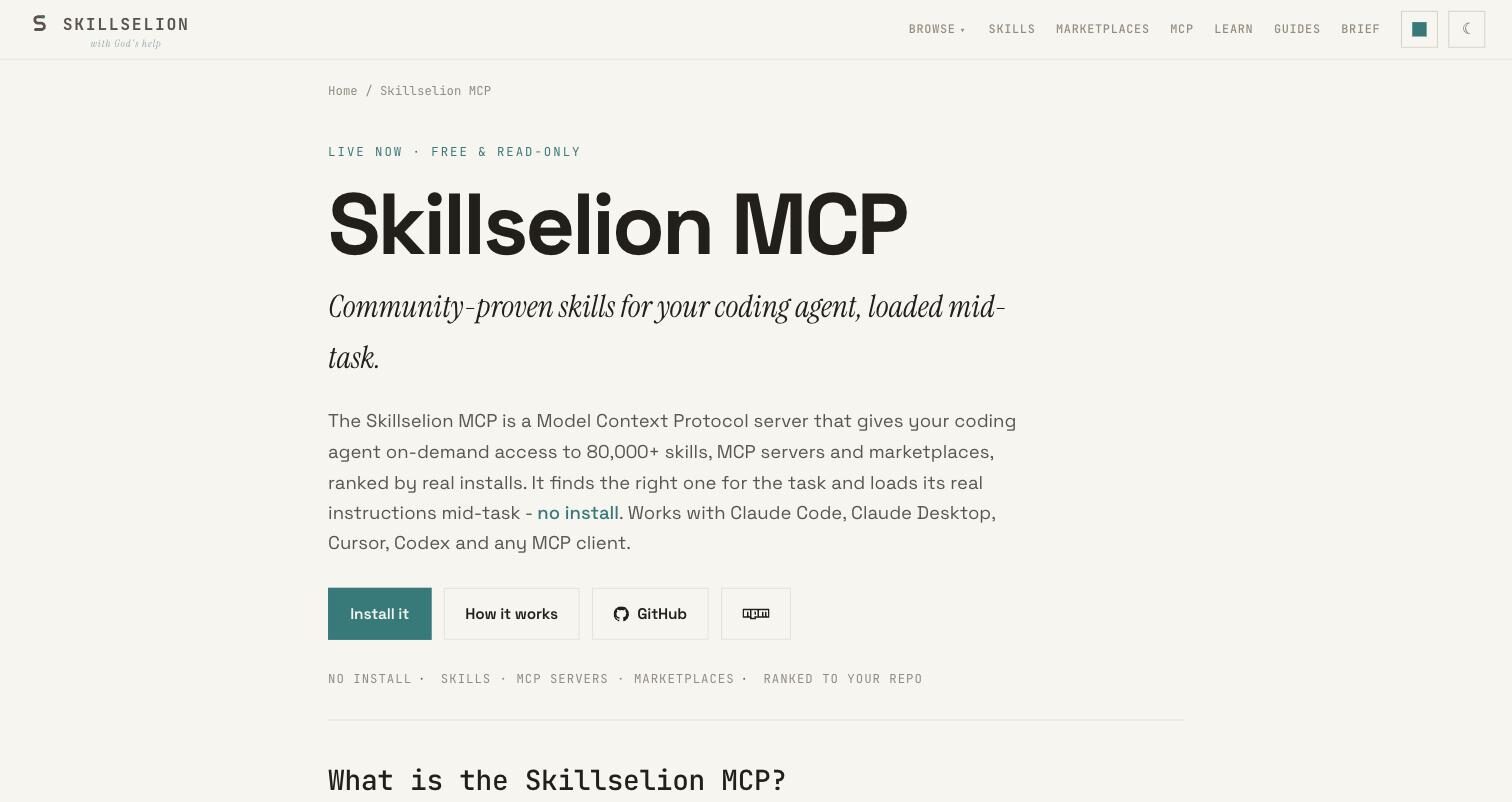 Skillselion MCP landing page, the server behind the synthesize_skills tool